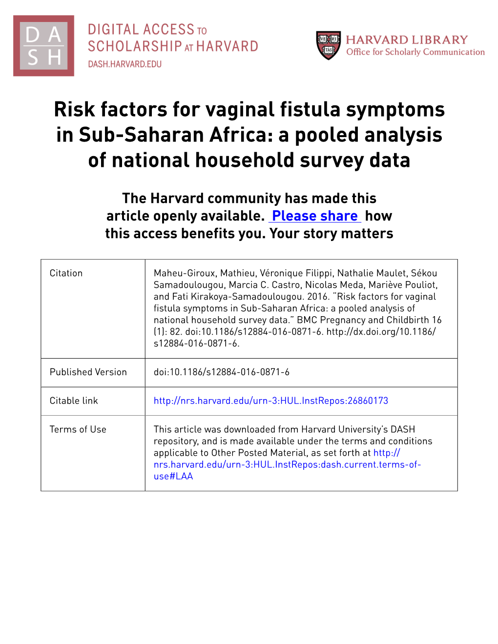 Risk Factors for Vaginal Fistula Symptoms in Sub-Saharan Africa: a Pooled Analysis of National Household Survey Data