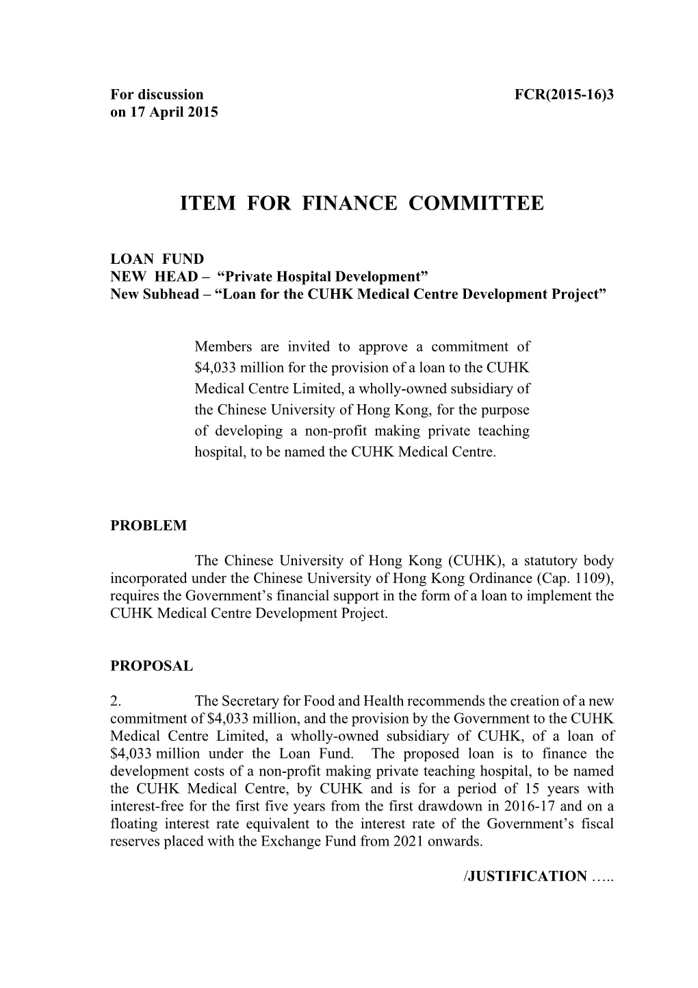 Item for Finance Committee