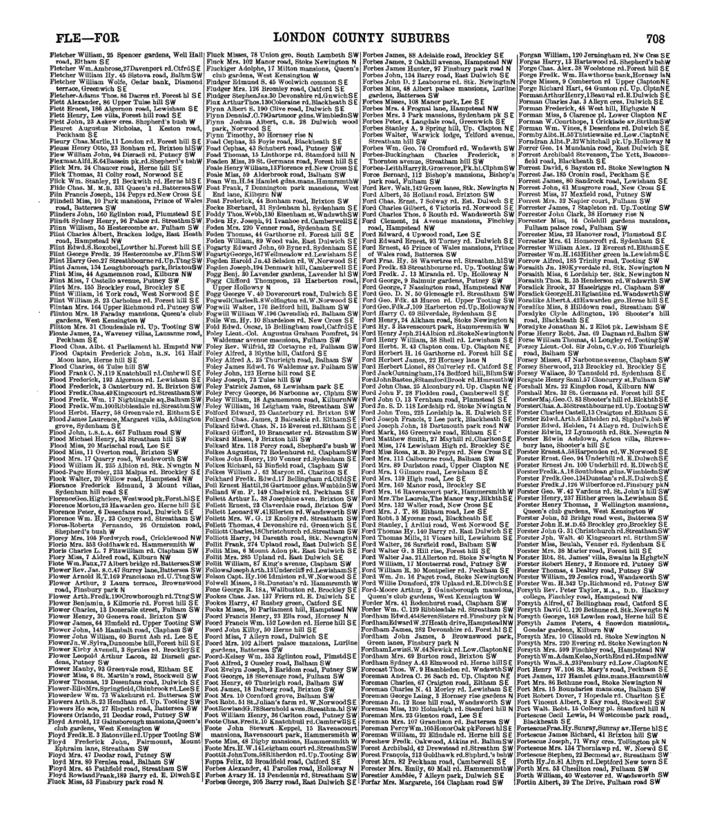 LONDON COUNTY SUBURBS 708 Fletcher William, 25 Spencer Gardens, Well Hall Fluck Misses, 78 Union Gro
