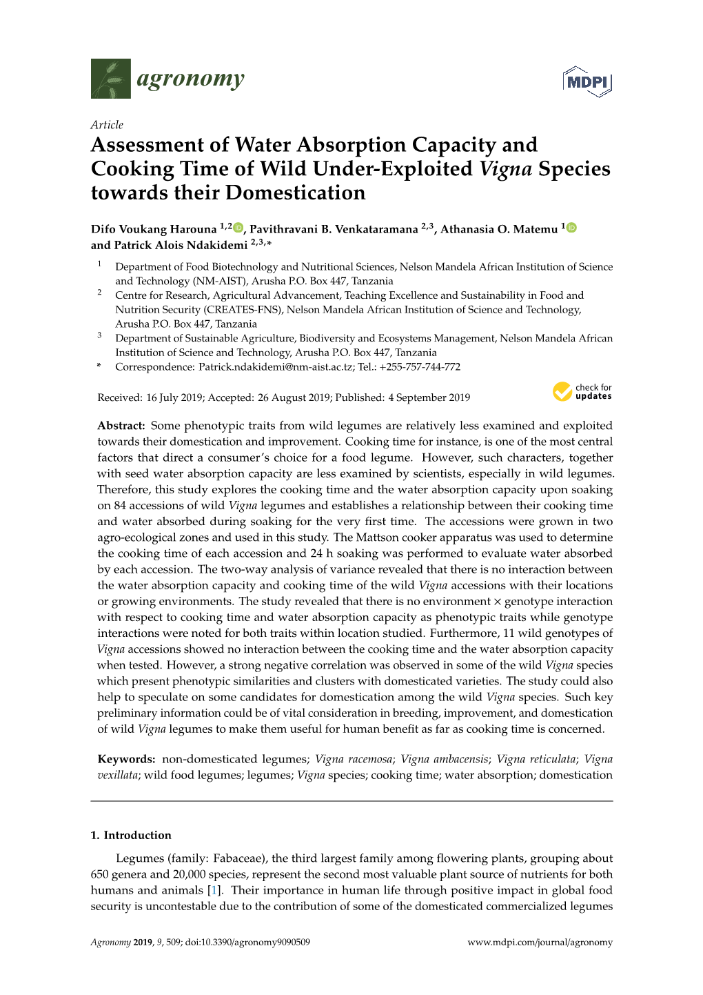 Assessment of Water Absorption Capacity and Cooking Time of Wild Under-Exploited Vigna Species Towards Their Domestication