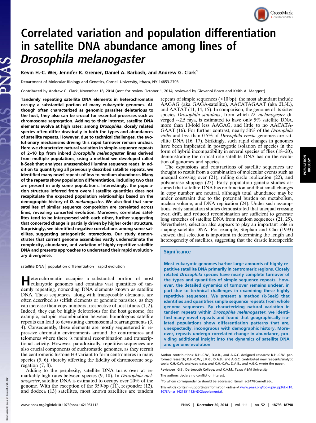 Correlated Variation and Population Differentiation in Satellite DNA Abundance Among Lines of Drosophila Melanogaster