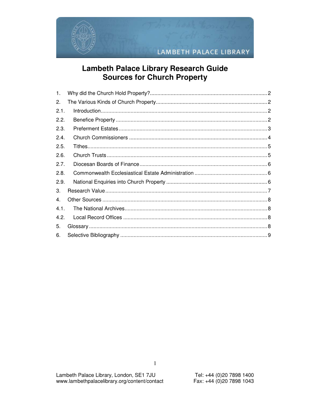 Lambeth Palace Library Research Guide Sources for Church Property