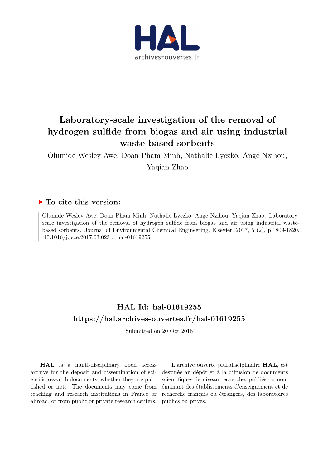 Laboratory-Scale Investigation of the Removal of Hydrogen Sulfide From