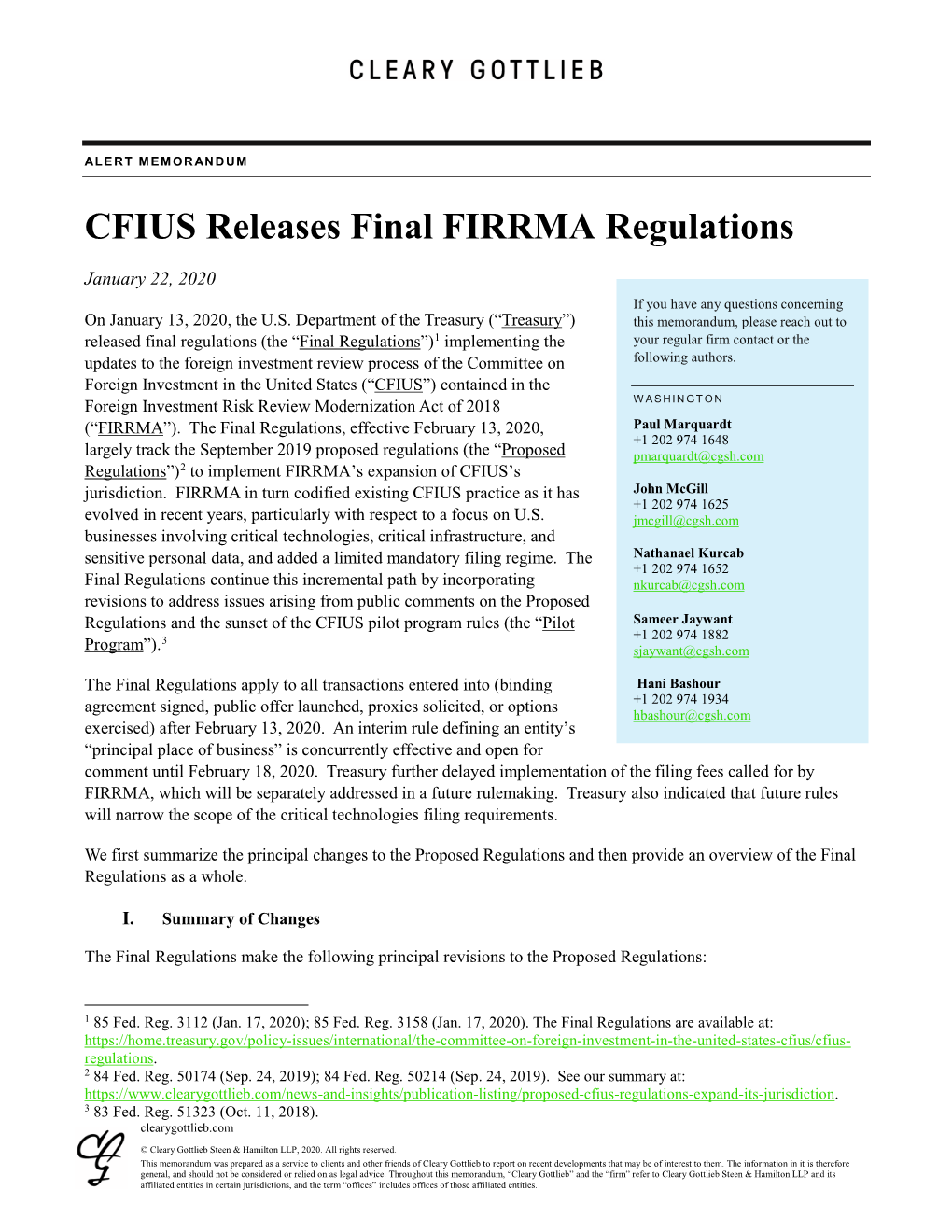 CFIUS Releases Final FIRRMA Regulations