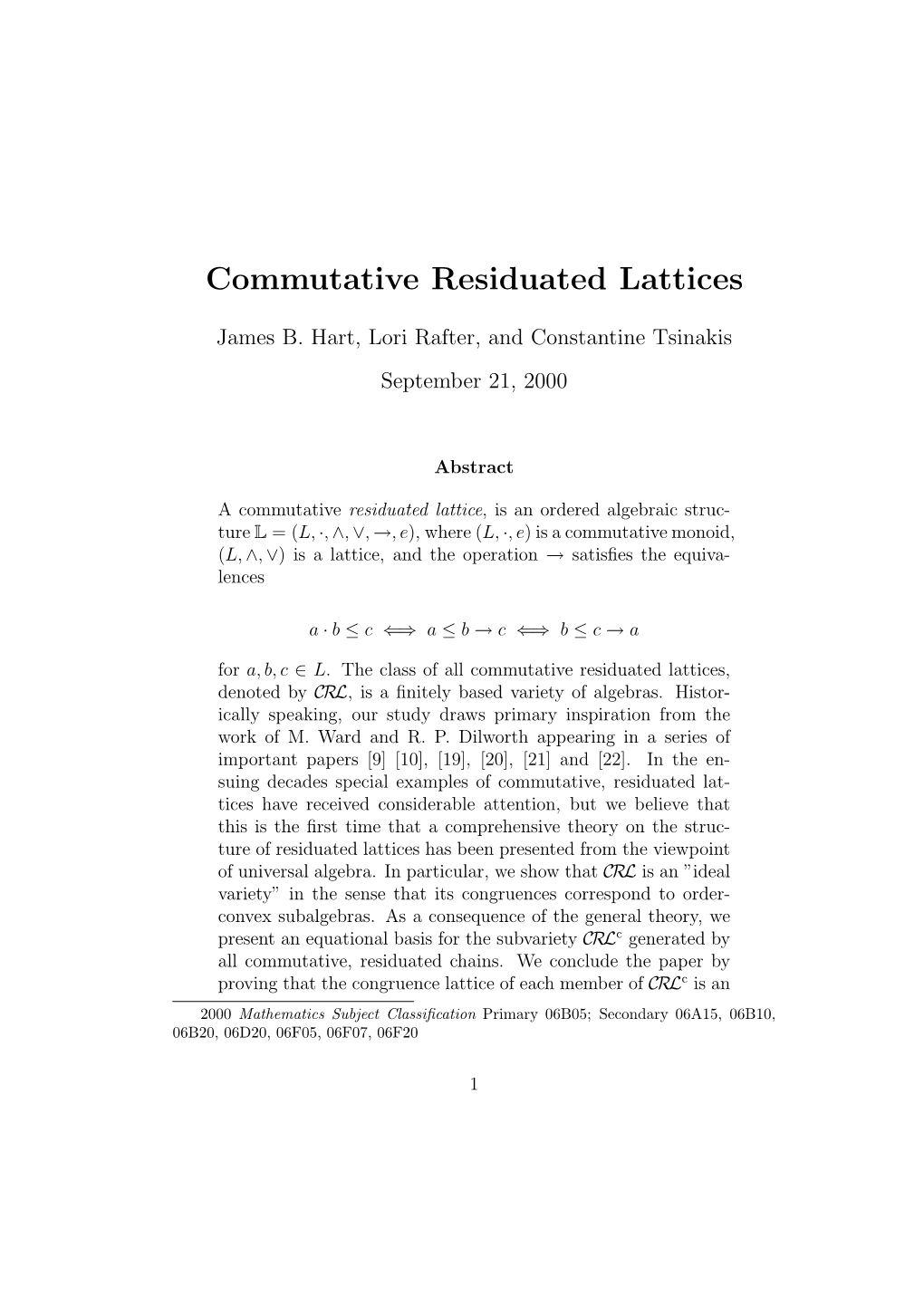 Commutative Residuated Lattices