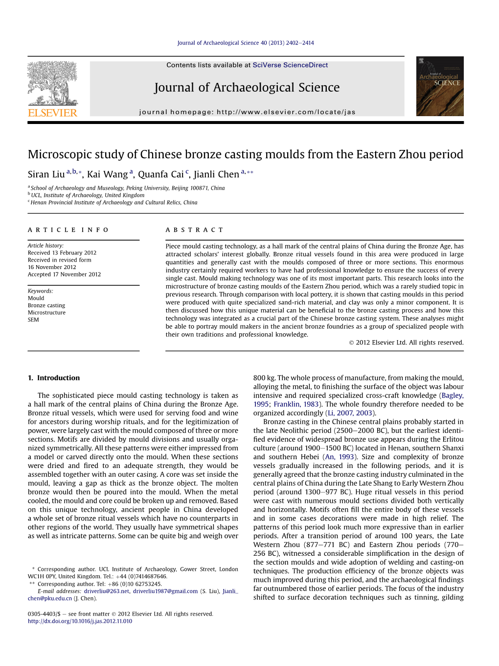 Microscopic Study of Chinese Bronze Casting Moulds from the Eastern Zhou Period