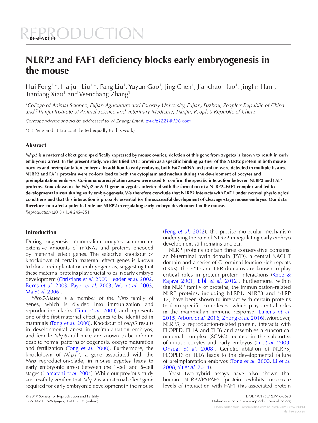 NLRP2 and FAF1 Deficiency Blocks Early Embryogenesis in the Mouse