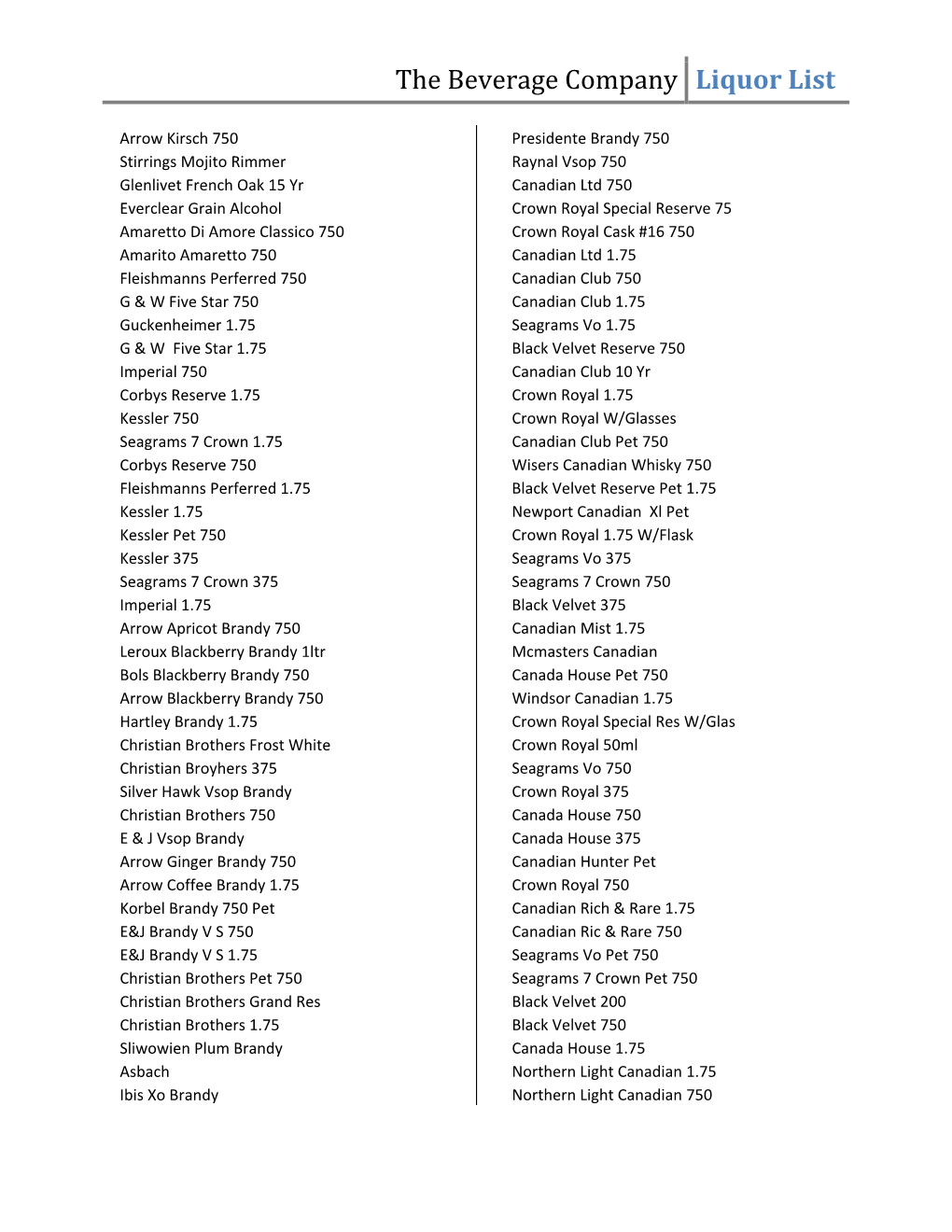 The Beverage Company Liquor List