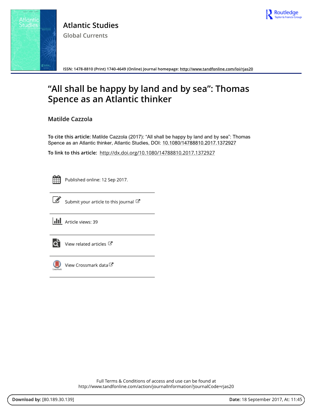 All Shall Be Happy by Land and by Sea: Thomas Spence As an Atlantic Thinker