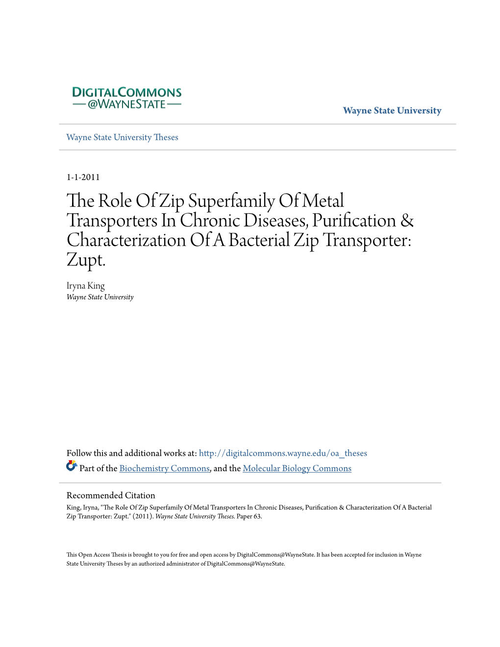 The Role of Zip Superfamily of Metal Transporters in Chronic Diseases, Purification & Characterization of a Bacterial Zip Tr