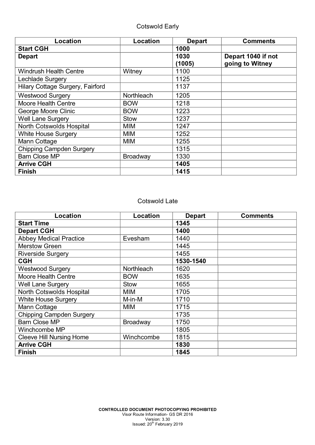 Pathology Van Route Information