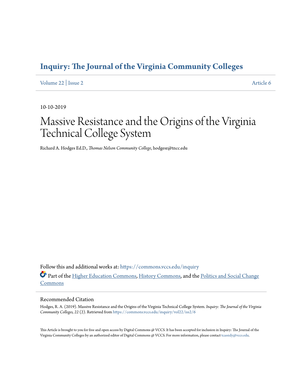 Massive Resistance and the Origins of the Virginia Technical College System