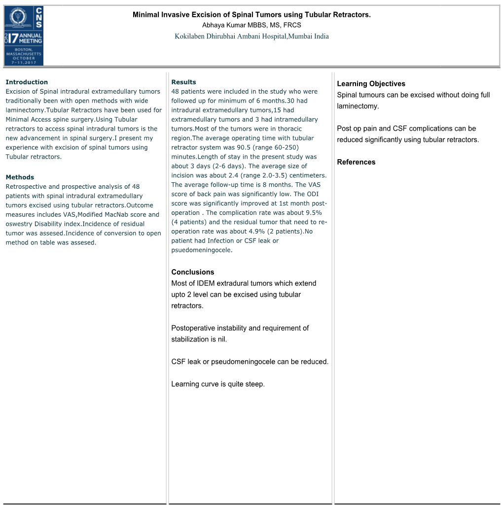 Minimal Invasive Excision of Spinal Tumors Using Tubular Retractors