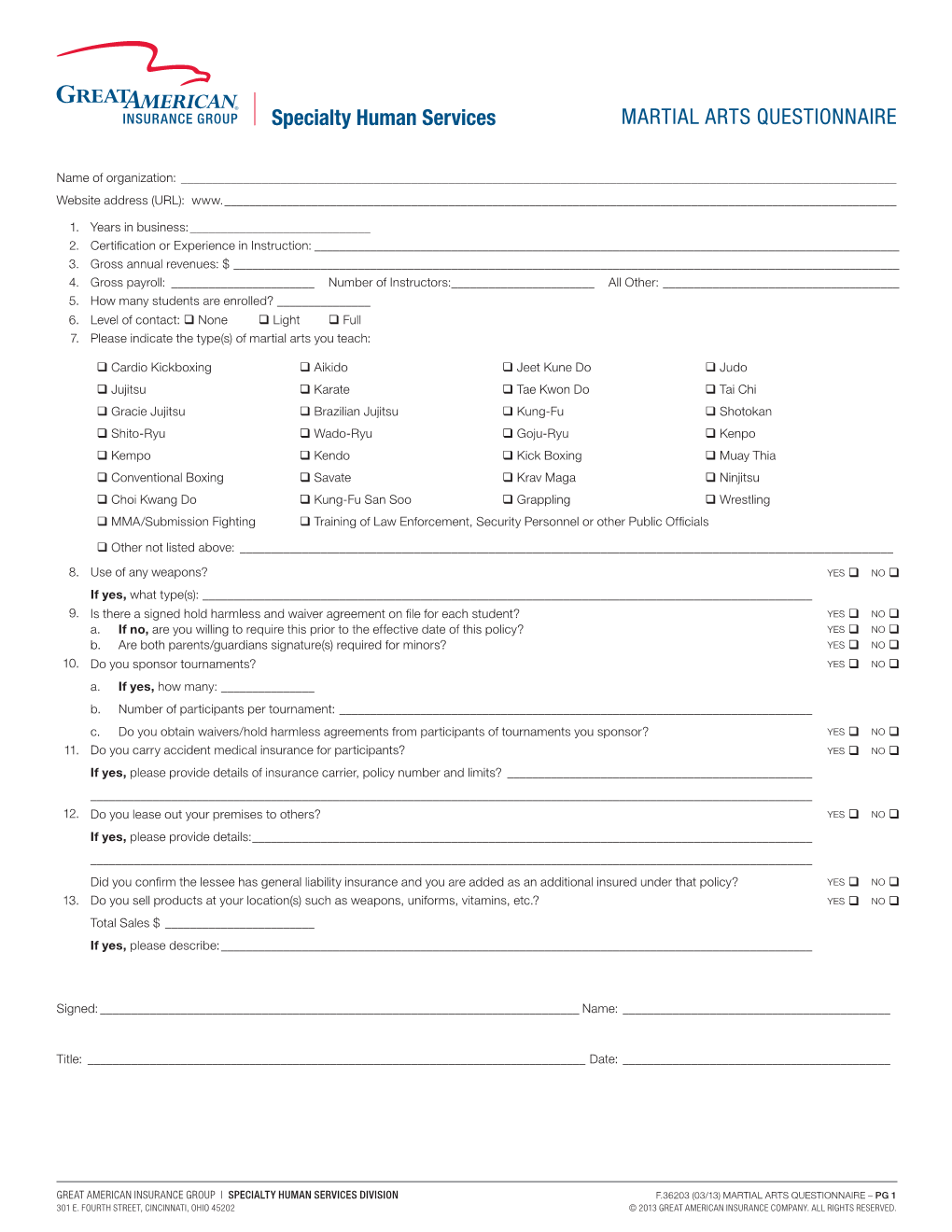 MARTIAL ARTS Questionnaire Specialty Human Services