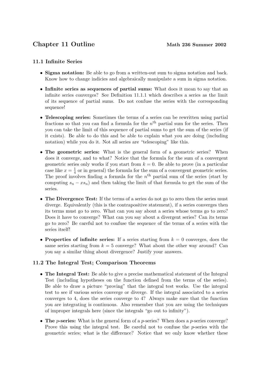 Chapter 11 Outline Math 236 Summer 2002