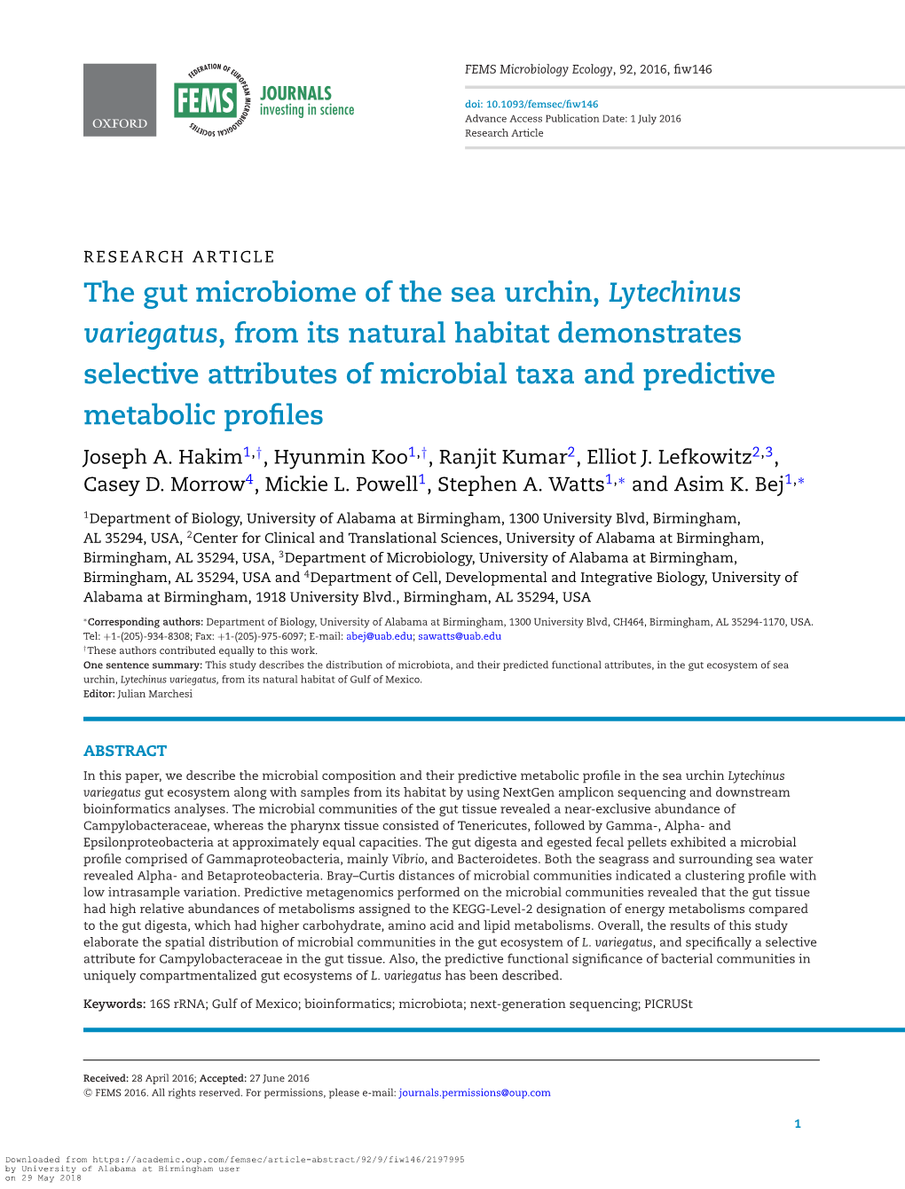 The Gut Microbiome of the Sea Urchin, Lytechinus Variegatus, from Its Natural Habitat Demonstrates Selective Attributes of Micro