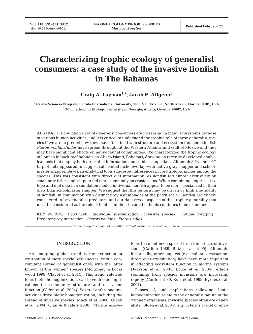 Characterizing Trophic Ecology of Generalist Consumers: a Case Study of the Invasive Lionfish in the Bahamas