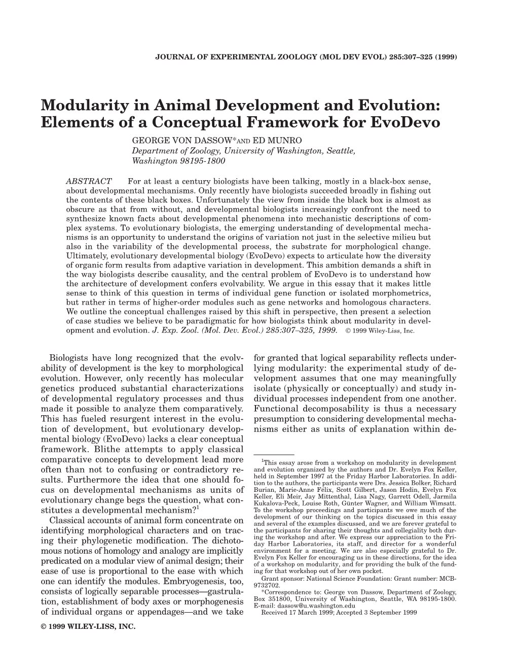 Modularity in Animal Development and Evolution: Elements of a Conceptual Framework for Evodevo