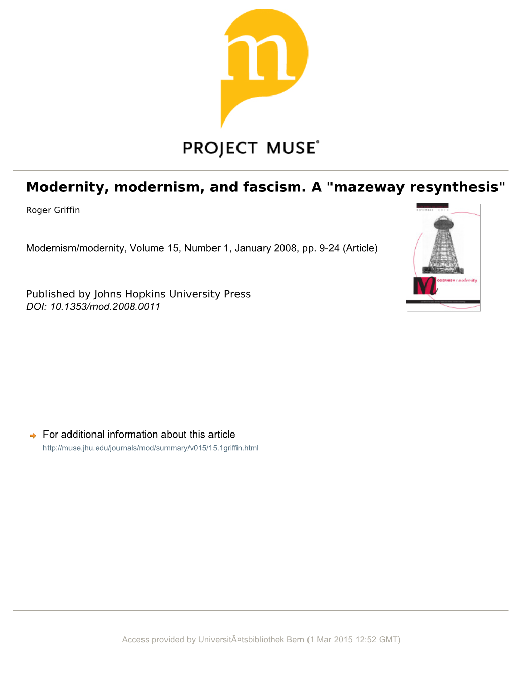 Modernity, Modernism, and Fascism. a "Mazeway Resynthesis"