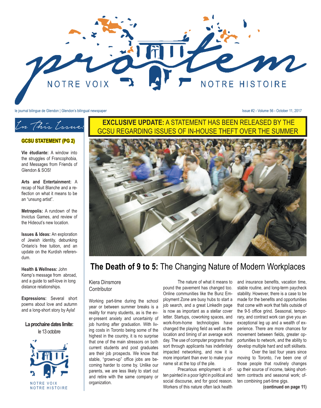 In This Issue: GCSU REGARDING ISSUES of IN-HOUSE THEFT OVER the SUMMER GCSU STATEMENT (PG 2)