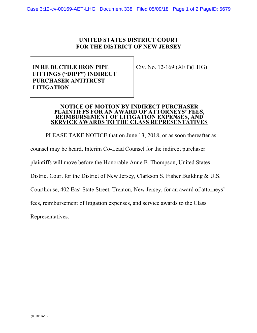 Case 3:12-Cv-00169-AET-LHG Document 338 Filed 05/09/18 Page 1 of 2 Pageid: 5679