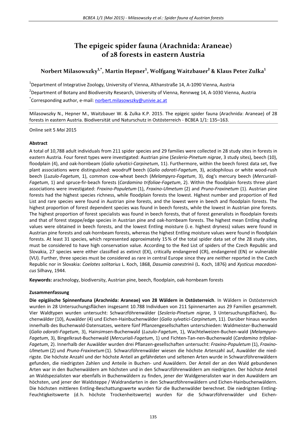 The Epigeic Spider Fauna (Arachnida: Araneae) of 28 Forests in Eastern Austria