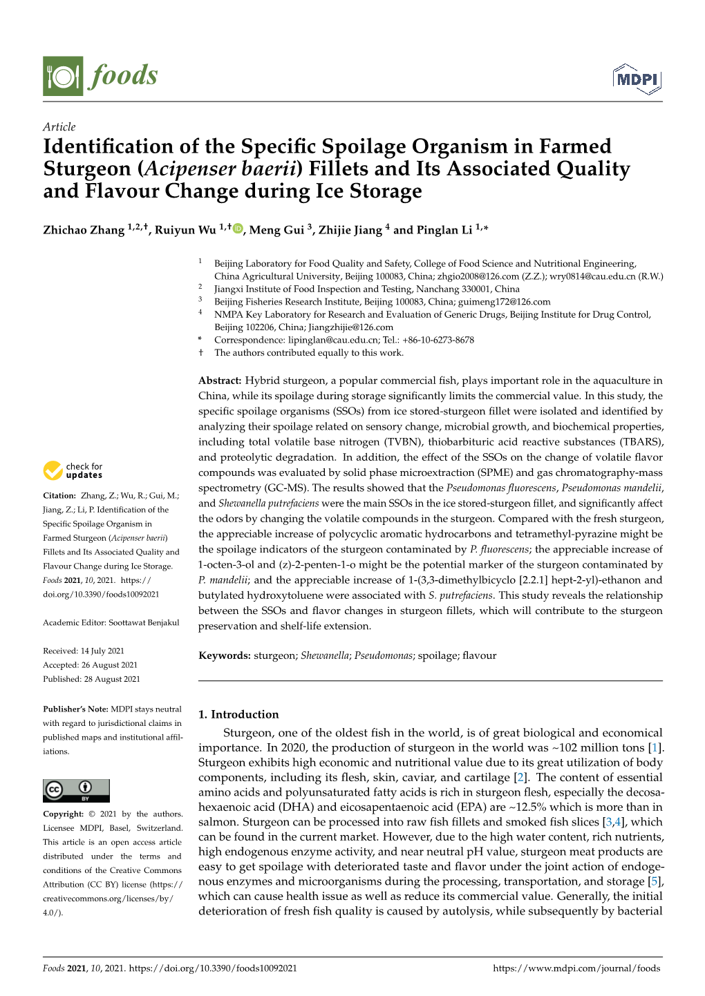 Identification of the Specific Spoilage Organism in Farmed Sturgeon