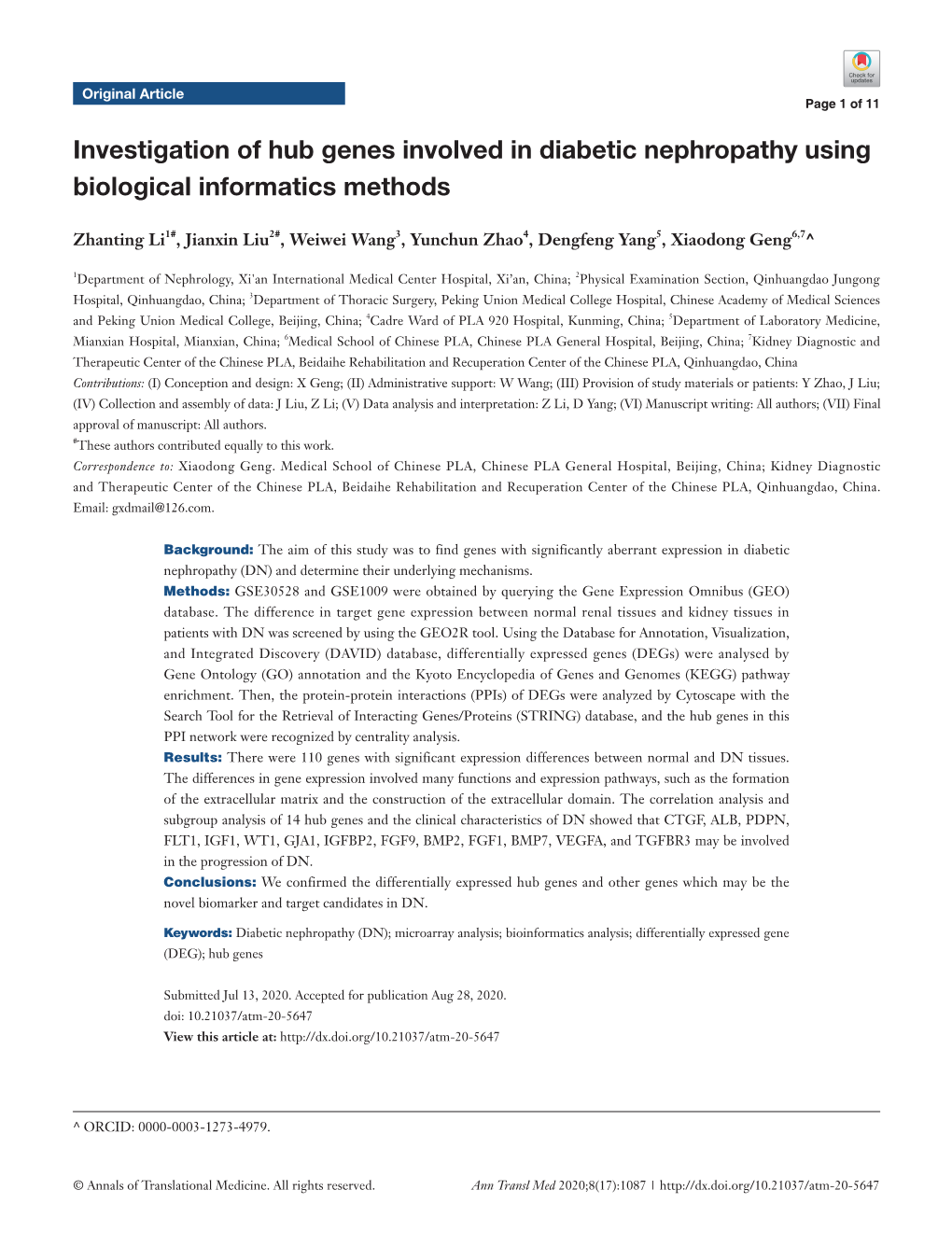 Investigation of Hub Genes Involved in Diabetic Nephropathy Using Biological Informatics Methods