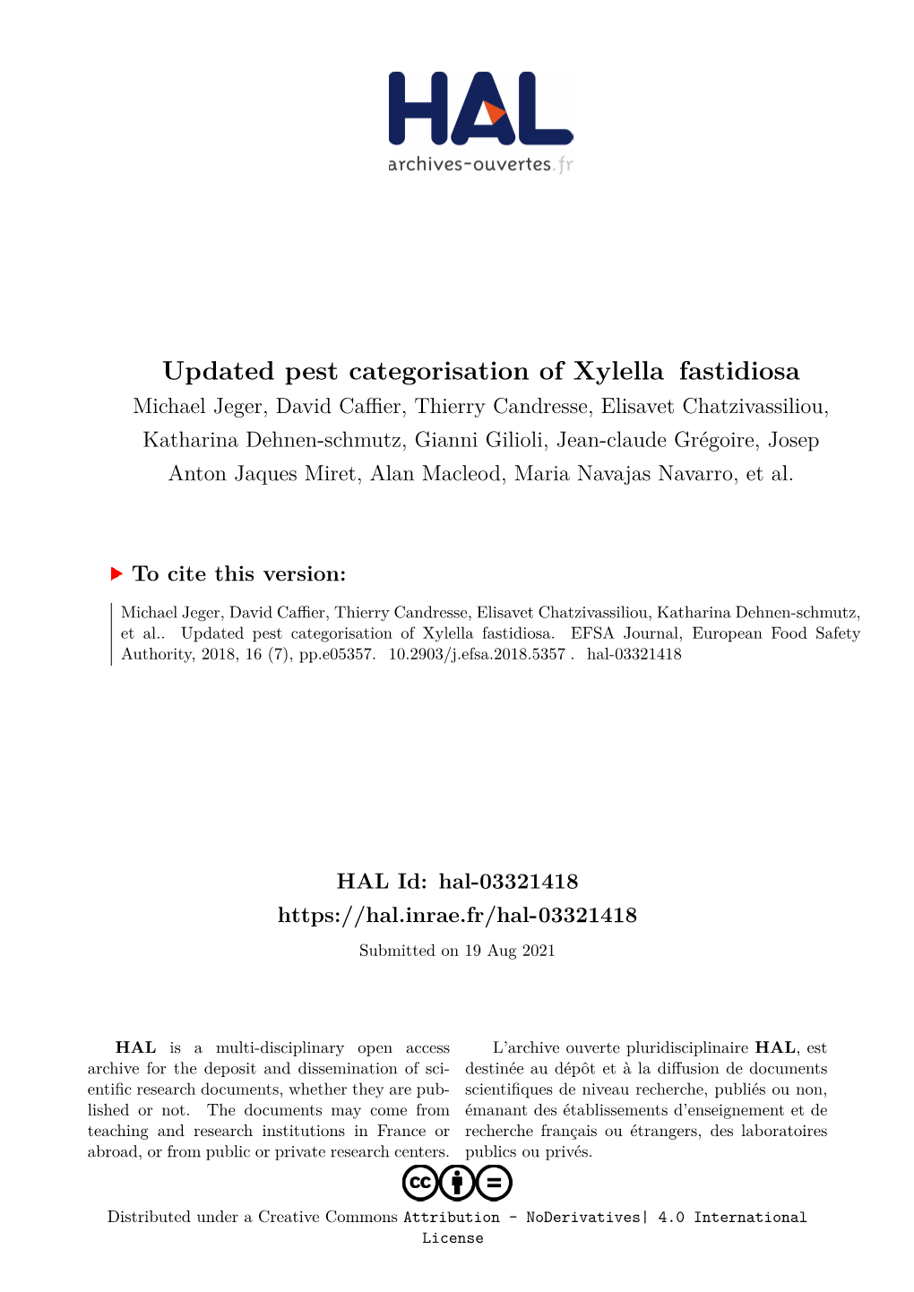 Updated Pest Categorisation of Xylella Fastidiosa