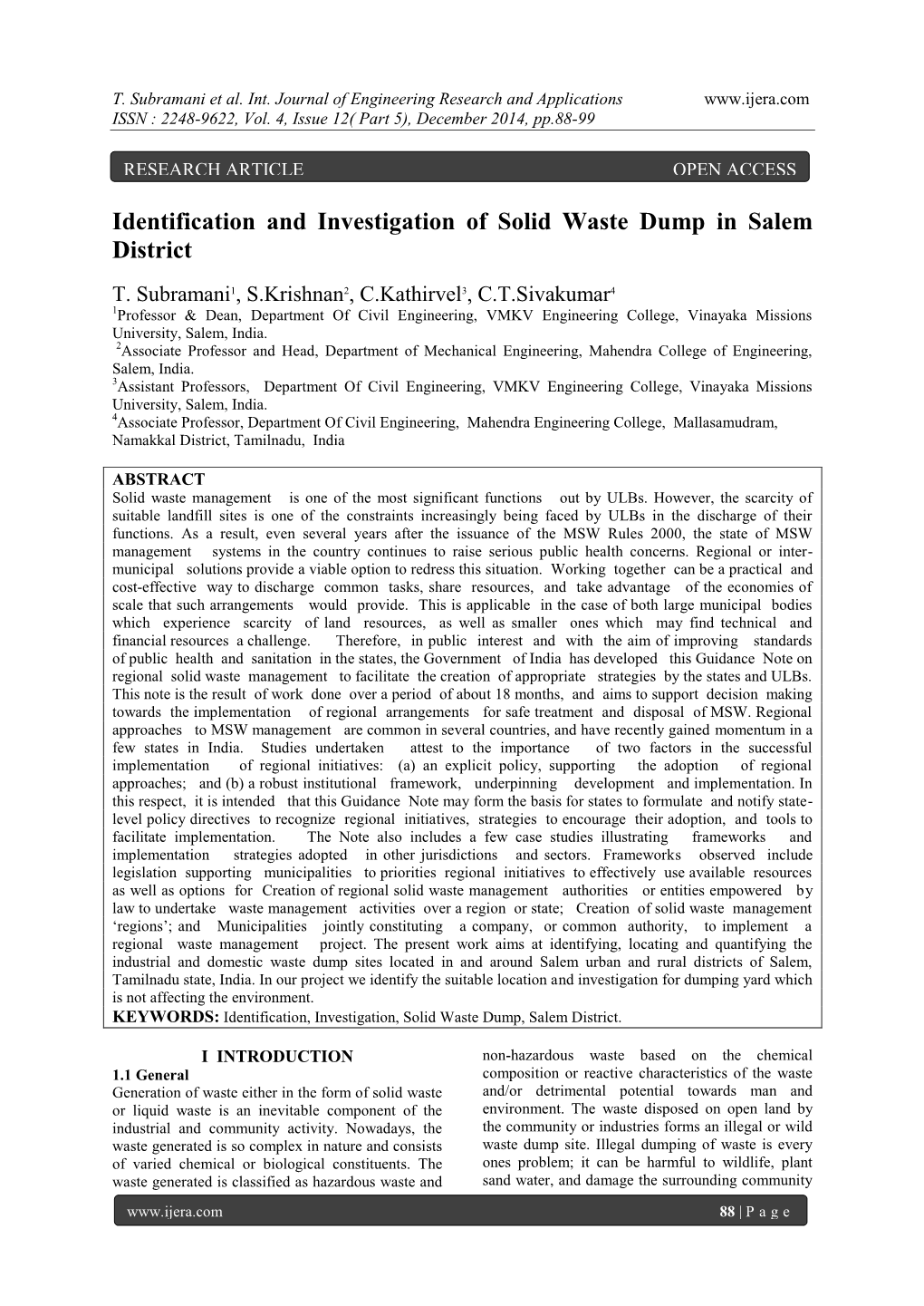 Identification and Investigation of Solid Waste Dump in Salem District