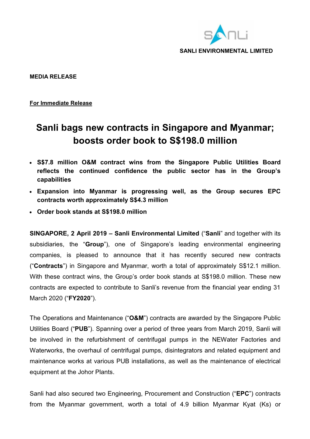 Sanli Bags New Contracts in Singapore and Myanmar; Boosts Order Book to S$198.0 Million