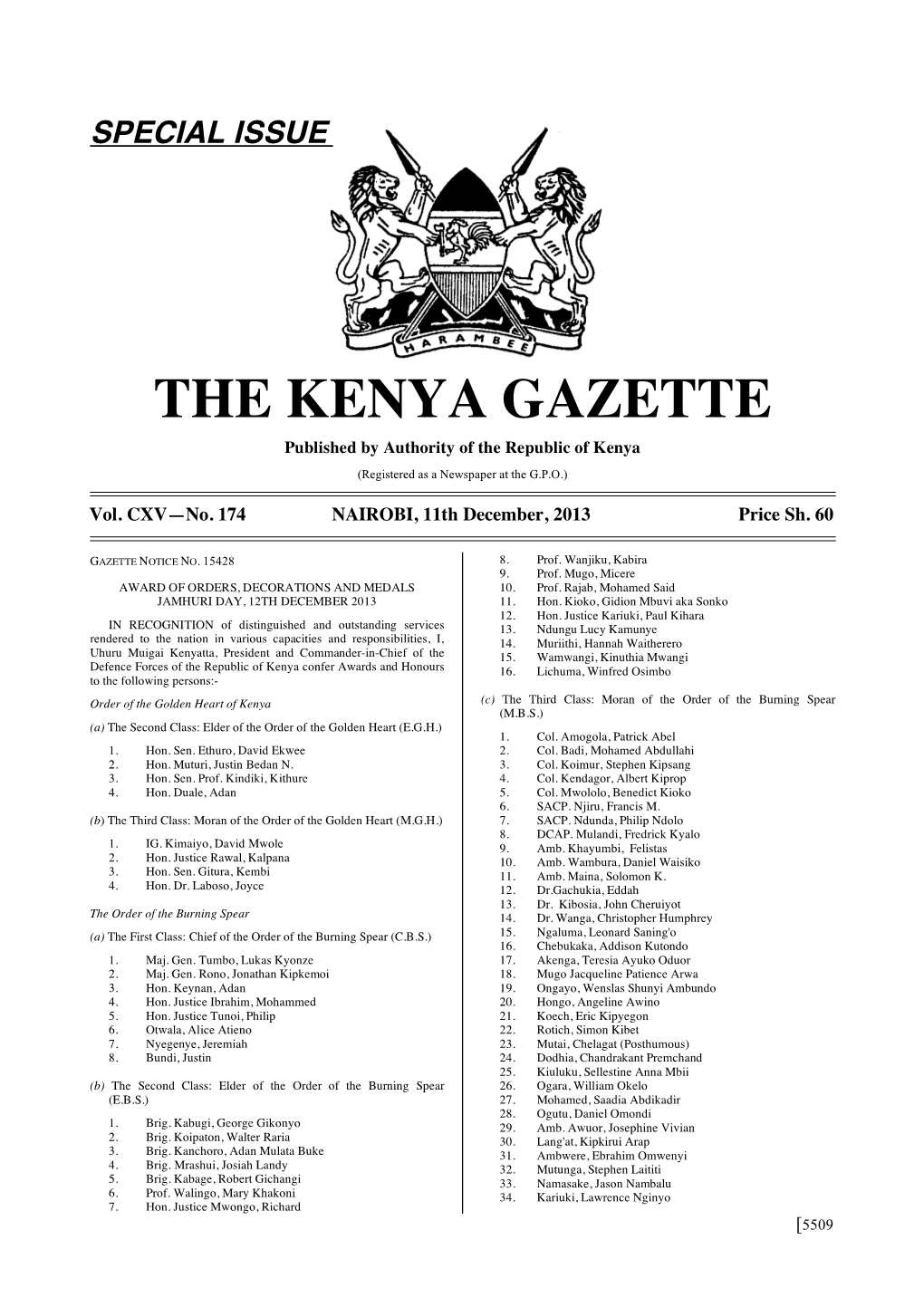 THE KENYA GAZETTE Published by Authority of the Republic of Kenya (Registered As a Newspaper at the G.P.O.)