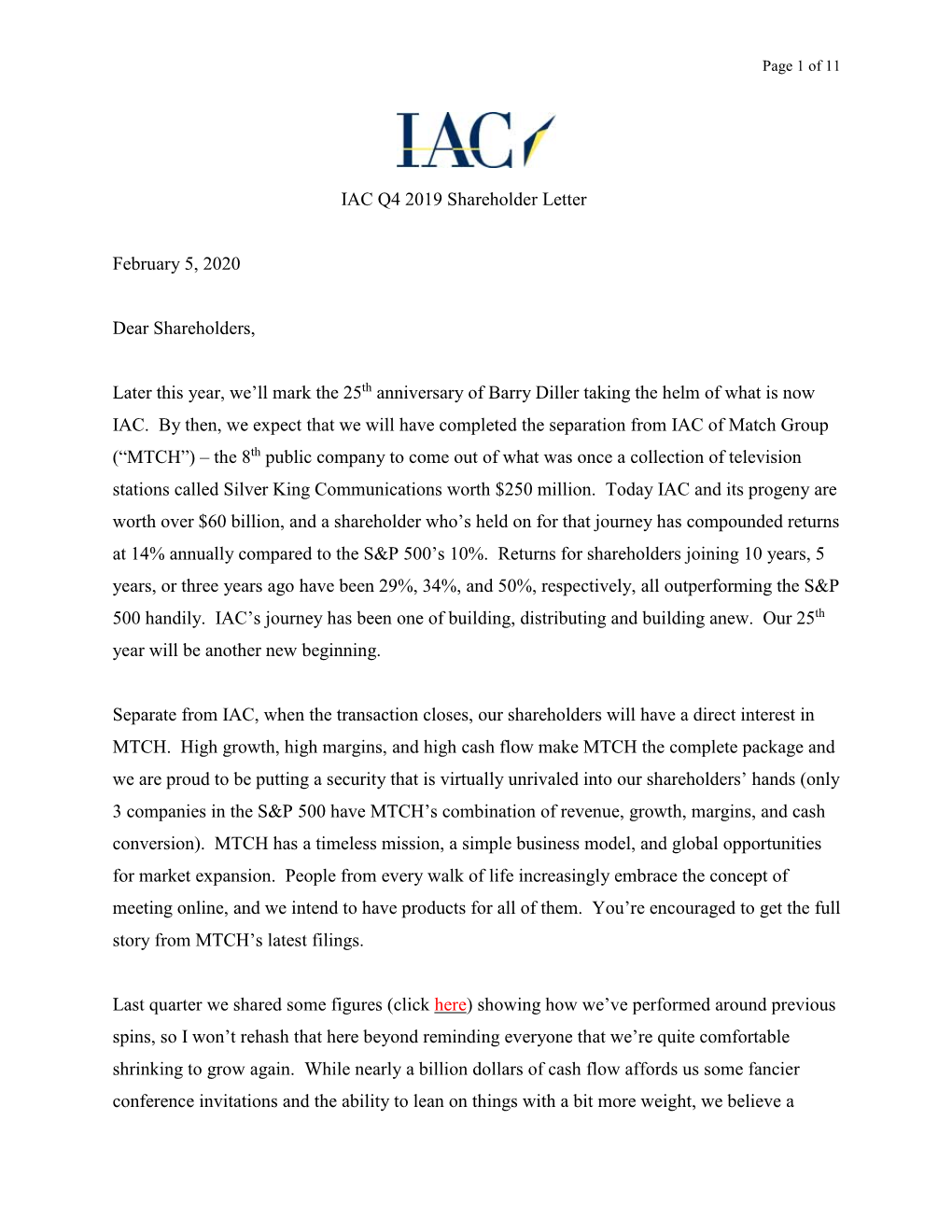 IAC Q4 2019 Shareholder Letter February 5, 2020 Dear