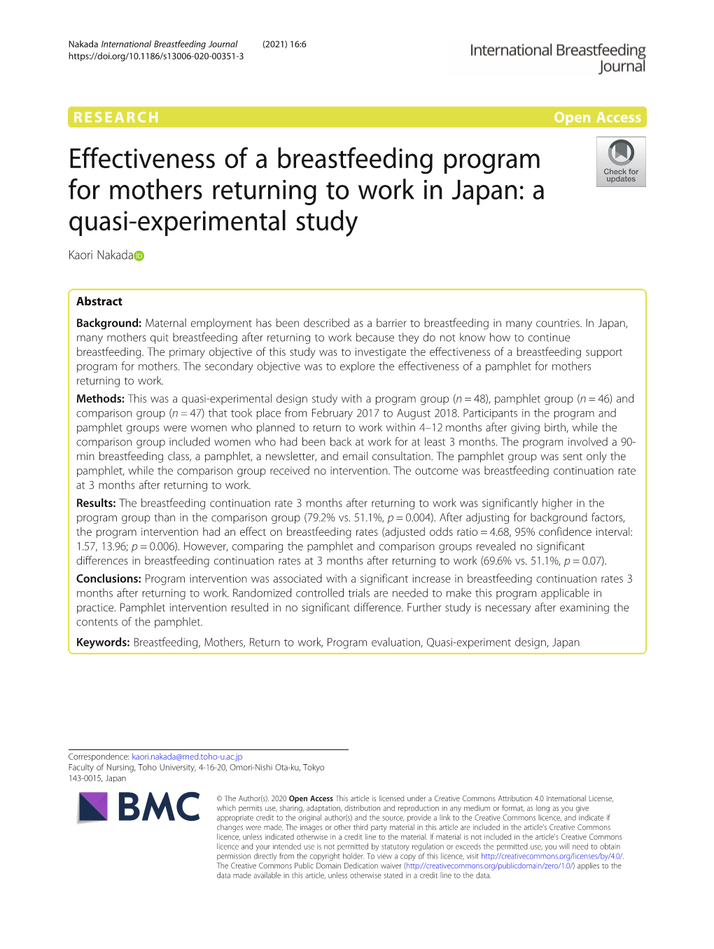 Effectiveness of a Breastfeeding Program for Mothers Returning to Work in Japan: a Quasi-Experimental Study Kaori Nakada