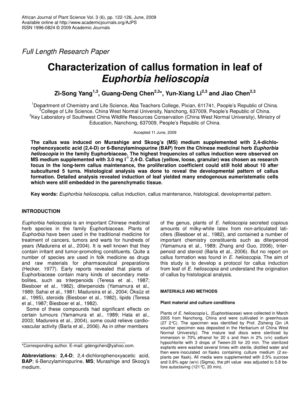Characterization of Callus Formation in Leaf of Euphorbia Helioscopia