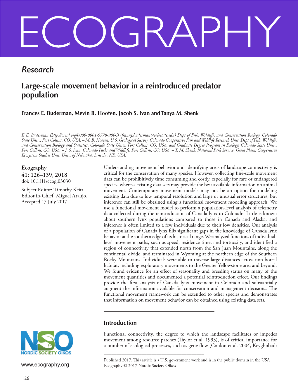 Large-Scale Movement Behavior in a Reintroduced Predator Population