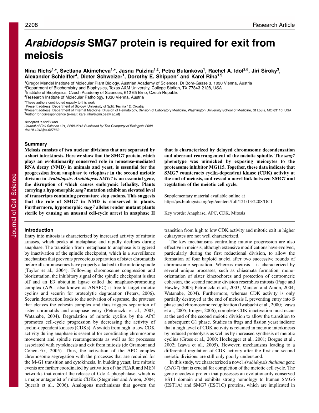 Arabidopsis SMG7 Protein Is Required for Exit from Meiosis