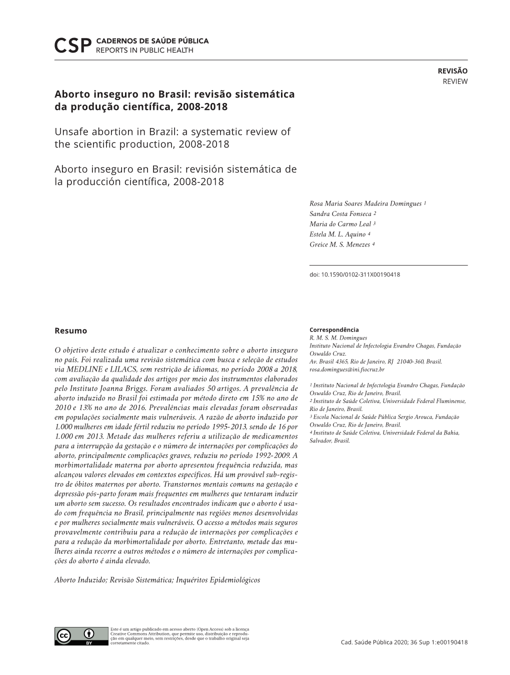 Unsafe Abortion in Brazil: a Systematic Review of the Scientific Production, 2008-2018 Aborto Inseguro No Brasil