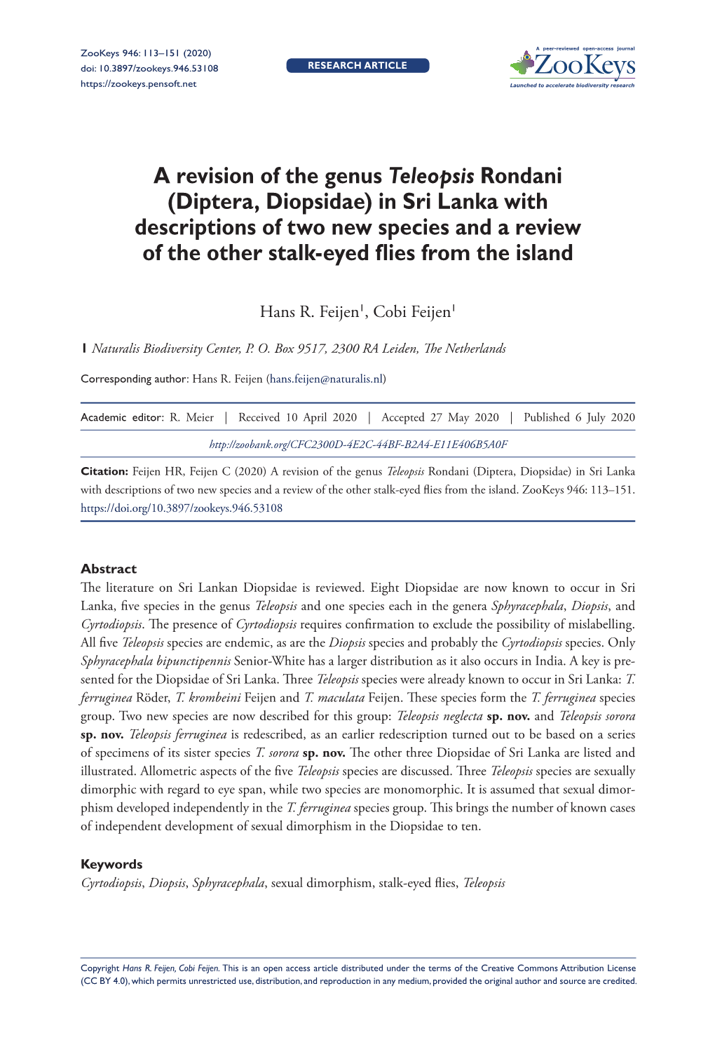 Diptera, Diopsidae) in Sri Lanka with Descriptions of Two New Species and a Review of the Other Stalk-Eyed Flies from the Island