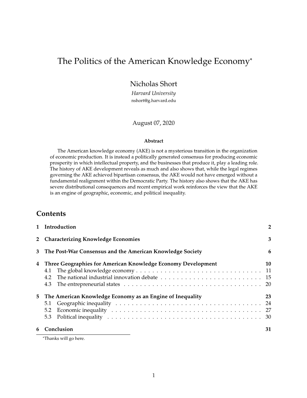 The Politics of the American Knowledge Economy*