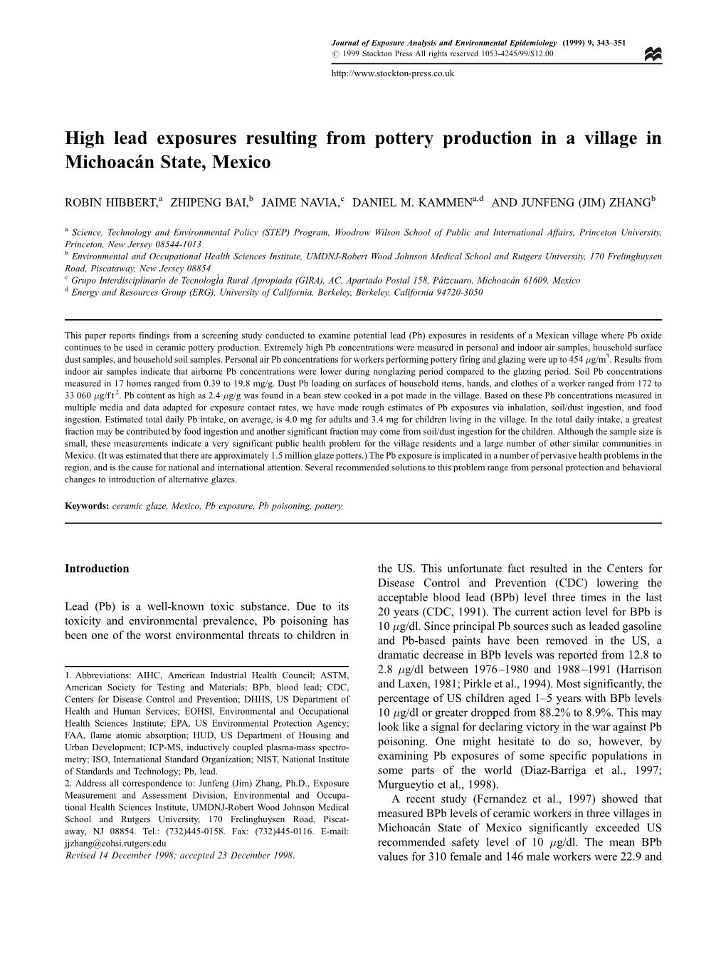 High Lead Exposures Resulting from Pottery Production in a Village in Michoacaân State, Mexico