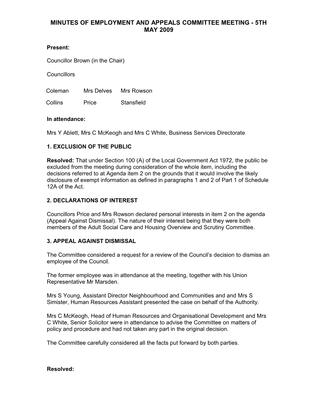 Minutes of Employment and Appeals Committee Meeting - 5Th May 2009