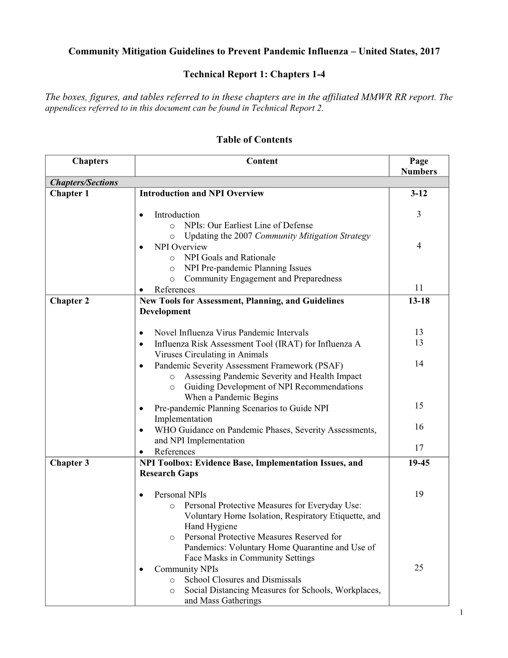 Community Mitigation Guidelines to Prevent Pandemic Influenza – United States, 2017 Technical Report 1: Chapters 1-4 the Boxes