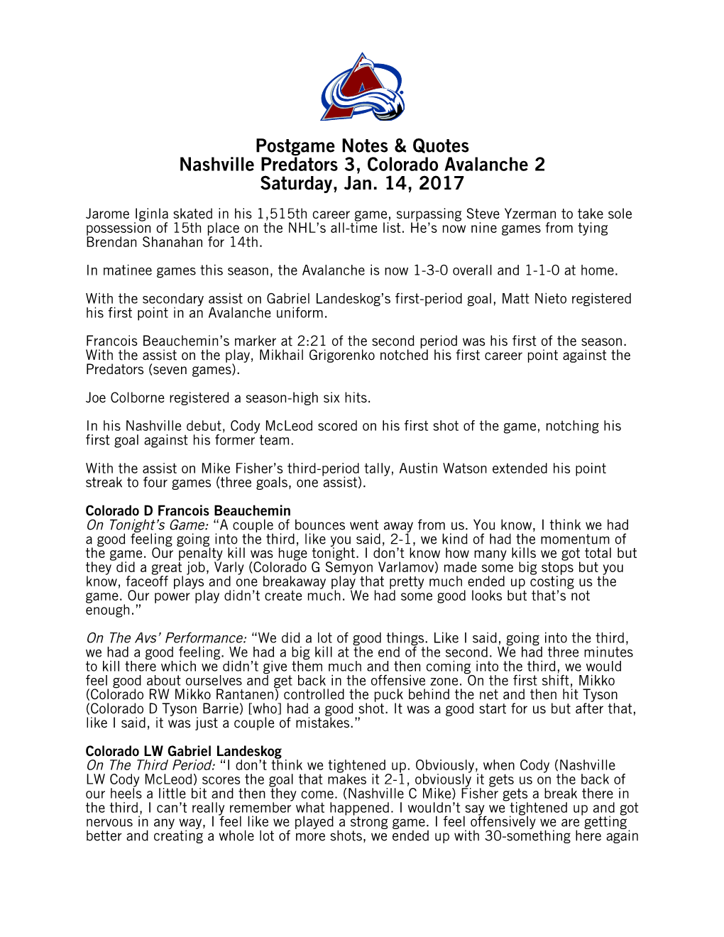 Postgame Notes & Quotes Nashville Predators 3, Colorado Avalanche 2