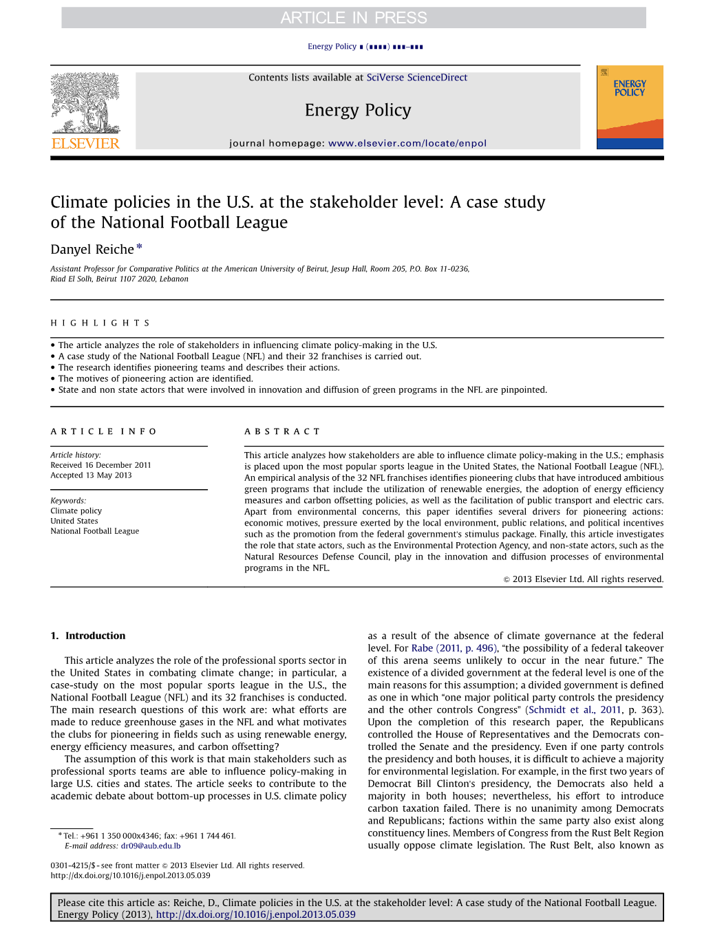 Climate Policies in the U.S. at the Stakeholder Level a Case Study Of