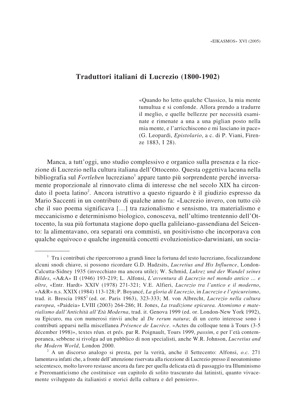 Traduttori Italiani Di Lucrezio (1800-1902)