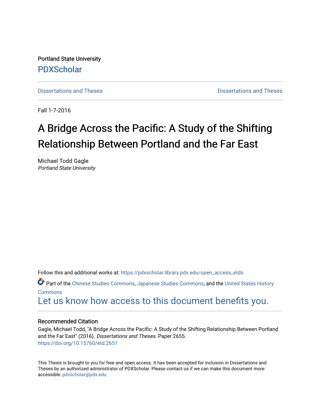 A Bridge Across the Pacific: a Study of the Shifting Relationship Between Portland and the Far East