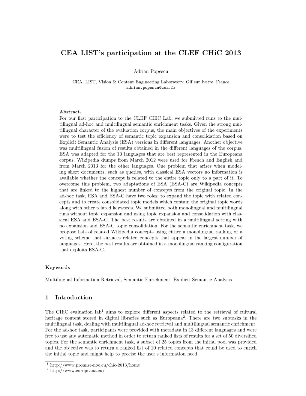 CEA LIST's Participation at the CLEF Chic 2013