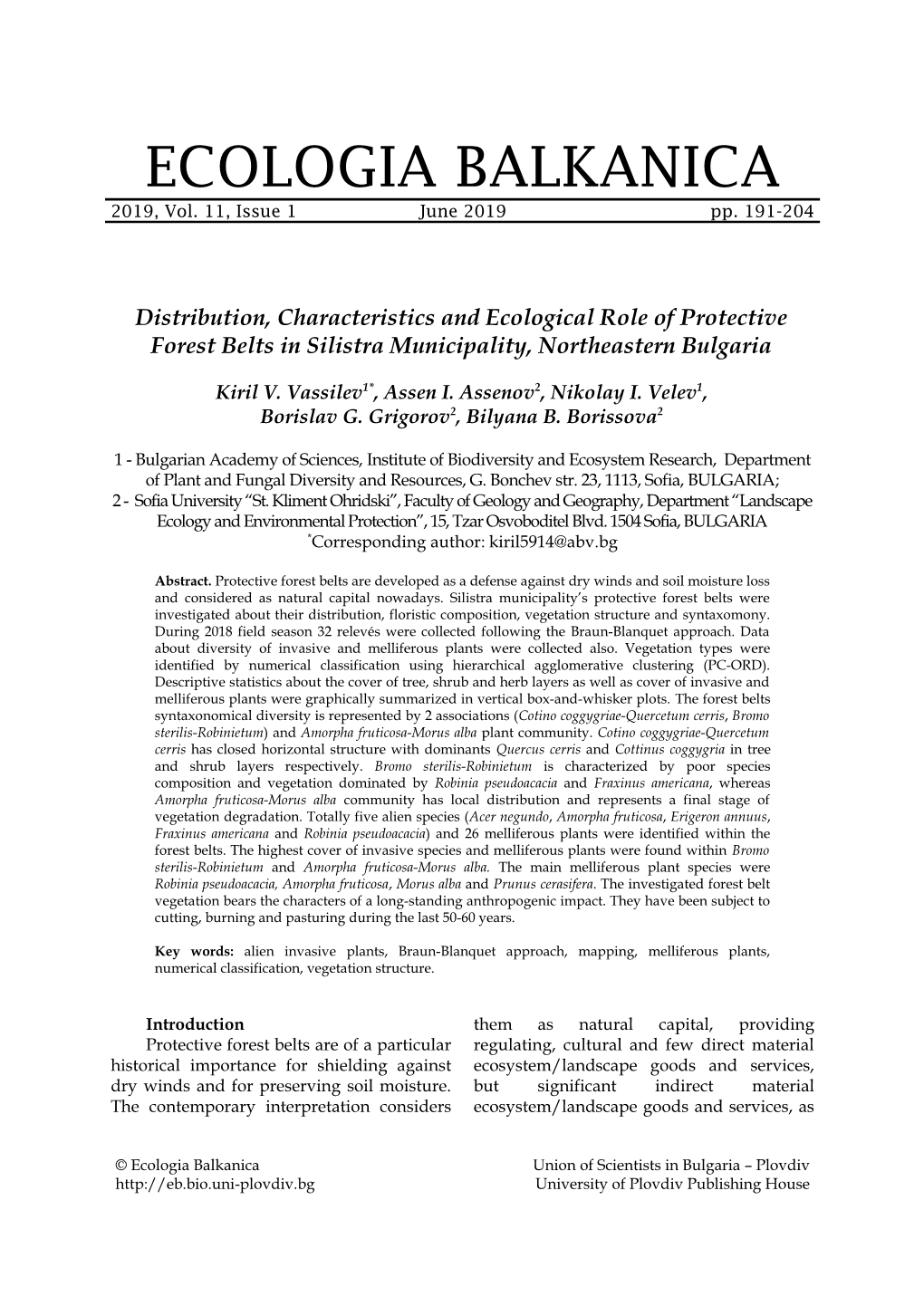 Distribution, Characteristics and Ecological Role of Protective Forest Belts in Silistra Municipality, Northeastern Bulgaria