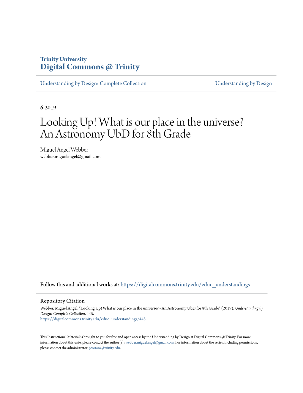 An Astronomy Ubd for 8Th Grade Miguel Angel Webber Webber.Miguelangel@Gmail.Com